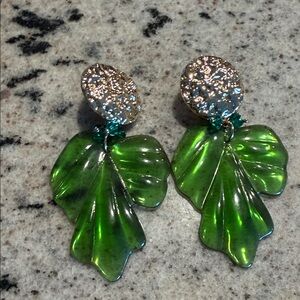 Green Leaf Drop Earrings - Gold Accent Women Jewelry